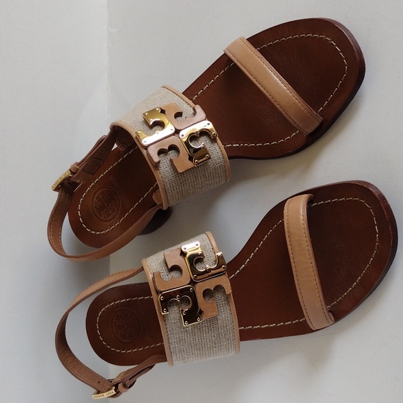Tory Burch Eleanor Leather Tan Square Sandals 37 - Picture 1 of 11